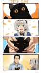  1boy 1girl an-94_(girls_frontline) black_cat black_hair blue_eyes blush cat character_request collared_shirt english_commentary english_text girls_frontline grey_hair hair_ribbon hands hands_together highres kion-kun open_mouth orange_eyes petting ribbon shirt simple_background smile twitter_username whiskers 