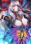  1girl absurdres blue_flower blue_rose bodysuit breasts curled_horns english_commentary evomanaphy expressionless fire_emblem fire_emblem_heroes flower freyja_(fire_emblem) goat_horns highres horns huge_filesize large_breasts looking_at_viewer looking_to_the_side red_eyes red_horns rose silver_hair skin_tight solo thorns twitter_username 