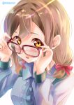  1girl :o adjusting_eyewear bangs blue_shirt brown_hair frills glasses hair_ribbon kitatyoco kunikida_hanamaru long_hair long_sleeves looking_at_viewer love_live! love_live!_sunshine!! low_twintails ribbon shirt sidelocks solo twintails yellow_eyes 