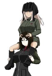  2girls bangs black_footwear black_hair black_headwear black_vest blue_eyes blush boots carrying closed_mouth commentary cosplay frown girls_und_panzer green_jacket green_jumpsuit hands_on_another&#039;s_head helmet highres insignia itsumi_erika jacket jumpsuit katyusha_(girls_und_panzer) katyusha_(girls_und_panzer)_(cosplay) light_frown long_hair long_sleeves medium_hair military military_uniform multiple_girls nonna_(girls_und_panzer) pravda_military_uniform red_shirt shikokuken_(mrykk24) shirt short_jumpsuit shoulder_carry silver_hair simple_background standing sweatdrop swept_bangs tank_helmet turtleneck uniform vest white_background 