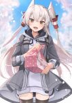  1girl absurdres alternate_costume amatsukaze_(kancolle) backpack bag bangs black_legwear blush brown_eyes cherry_blossoms day dress fang hair_between_eyes hair_tubes highres holding hood hood_down hooded_jacket jacket kantai_collection long_hair obentou open_mouth outdoors petals silver_hair sky solo thigh-highs two_side_up yunamaro 