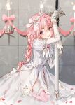  1boy al_mican astolfo_(fate) braid bridal_gauntlets bride commentary_request dress elbow_gloves eyebrows_visible_through_hair fate/apocrypha fate/grand_order fate_(series) frills garter_straps gloves hair_between_eyes hair_intakes kneeling long_braid long_hair male_focus multicolored_hair otoko_no_ko pink_hair single_braid sword thigh-highs weapon wedding_dress white_dress 