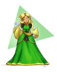  1girl artist_name blonde_hair blue_eyes bracelet breasts dated dress elbow_gloves full_body genderswap genderswap_(mtf) gloves green_dress highres ian_samson jewelry link long_hair one_eye_closed pointy_ears sash sidelocks small_breasts standing the_legend_of_zelda white_background white_gloves 