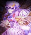  1girl bangs blurry blurry_background book bookshelf casting_spell commentary crescent_hat_ornament double_bun dress expressionless grimoire hat hexagram holding holding_book long_hair looking_at_viewer magic_circle mob_cap monoton_(neoteto) open_book open_clothes open_robe outstretched_arm pale_skin patchouli_knowledge purple_hair purple_headwear purple_robe robe sidelocks sitting solo striped striped_dress touhou very_long_hair violet_eyes 