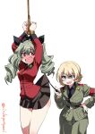  2girls absurdres anchovy_(girls_und_panzer) anchovy_(girls_und_panzer)_(cosplay) anzio_military_uniform arms_up bangs belt black_neckwear black_ribbon black_skirt blonde_hair blue_eyes blush boots braid brown_eyes commentary_request cosplay darjeeling_(girls_und_panzer) darjeeling_(girls_und_panzer)_(cosplay) drill_hair embarrassed eyebrows_visible_through_hair frown girls_und_panzer green_hair grey_pants hair_ribbon hand_on_hip highres holding inoue_yoshihisa insignia jacket knee_boots lifted_by_another long_hair long_sleeves looking_at_another looking_at_viewer military military_uniform miniskirt multiple_girls necktie open_mouth pants pleated_skirt red_eyes red_jacket restrained ribbon riding_crop sam_browne_belt short_hair simple_background skirt skirt_lift smile st._gloriana&#039;s_military_uniform standing textless tied_hair twin_braids twin_drills twintails twitter_username uniform white_background 