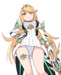  1girl bangs bare_legs bare_shoulders blonde_hair breasts chest_jewel cleavage_cutout clothing_cutout dress earrings elbow_gloves gloves highres jewelry large_breasts long_hair mythra_(xenoblade) panties pantyshot paskmel short_dress swept_bangs thigh_strap tiara underwear very_long_hair white_dress white_gloves xenoblade_chronicles_(series) xenoblade_chronicles_2 yellow_eyes 