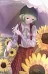  1girl absurdres artist_name ascot bangs breasts collarbone collared_shirt day eyebrows_visible_through_hair feet_out_of_frame field flower flower_field green_hair highres holding holding_umbrella huge_filesize jack_masser kazami_yuuka looking_at_viewer open_clothes open_vest outdoors parasol parted_lips petticoat plaid plaid_skirt plaid_vest red_eyes red_skirt red_vest shirt short_hair skirt skirt_set small_breasts smile solo standing sunflower touhou umbrella vest white_shirt white_umbrella yellow_flower yellow_neckwear 