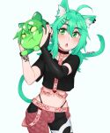  1girl :o ahoge animal_ears artist_name bangs belt black_choker black_nails blush bridal_gauntlets cat_ears cat_girl cat_tail choker collarbone commentary commission crop_top eyebrows_visible_through_hair green_eyes green_hair hair_between_eyes hair_ornament hands_up highleg highleg_panties highres holding indie_virtual_youtuber long_hair looking_at_viewer low_twintails midriff momo_mischief navel panties pink_belt pout rob_ishi short_sleeves solo tail twintails underwear x_hair_ornament 
