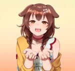  1girl :3 animal_collar animal_ears bare_shoulders bluepoodlez bone_hair_ornament braid breasts brown_eyes brown_hair collar collarbone cupping_hands dog_ears dog_girl hair_between_eyes hair_ornament happy hololive inugami_korone jacket long_hair looking_at_viewer low_twin_braids off_shoulder open_mouth outstretched_arms red_collar simple_background twin_braids upper_body virtual_youtuber yellow_jacket 