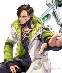  1boy apex_legends asian black_gloves black_pants black_shirt brown_eyes brown_hair crypto_(apex_legends) cyborg drone gloves green_sleeves hack_(apex_legends) hand_on_own_thigh jacket jewelry looking_up male_focus muraicchi_(momocchi) necklace open_hand pants partially_fingerless_gloves science_fiction shirt sitting solo undercut white_jacket 