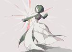  1girl arched_back bangs bob_cut chikichi colored_skin commentary_request energy from_behind full_body gardevoir gen_3_pokemon green_hair green_skin grey_background hand_up highres multicolored multicolored_skin outstretched_arm pokemon pokemon_(creature) red_eyes short_hair simple_background solo standing two-tone_skin white_skin 