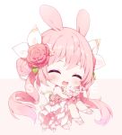  1girl :d ^_^ a20_(atsumaru) animal_ears bare_shoulders blush bouquet chibi closed_eyes copyright_request dress flower full_body hair_flower hair_ornament hair_ribbon long_hair official_art open_mouth pink_background pink_hair rabbit_ears red_flower red_rose ribbon rose sample shoes smile solo twintails two-tone_background very_long_hair white_background white_dress white_flower white_footwear white_ribbon white_rose 