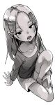  1girl absurdres bangs barefoot collarbone commentary_request forehead full_body greyscale highres knee_up long_hair long_sleeves looking_at_viewer monochrome open_mouth original parted_bangs shirt short_shorts shorts simple_background sitting solo white_background yamamoto_souichirou 
