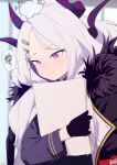  1girl black_gloves blue_archive blush eyebrows_visible_through_hair face fur_trim gloves hair_ornament hairclip hina_(blue_archive) horns long_hair paper parted_hair purple_hair slit_pupils sohin solo spoken_squiggle squiggle very_long_hair violet_eyes white_hair 