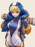  1girl apex_legends artist_name backpack bag blue_bodysuit blue_eyes blue_gloves blue_headwear bodysuit eyebrows_behind_hair gloves hood hooded_jacket jacket lichtenberg_figure looking_at_viewer orange_jacket ribbed_bodysuit scar scar_on_cheek scar_on_face smile solo sunao_(70_the) thigh_strap wattson_(apex_legends) white_bodysuit 