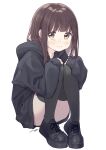  1girl :i absurdres bangs black_footwear black_hoodie black_legwear blunt_bangs blush brown_eyes brown_hair closed_mouth commentary_request eyebrows_visible_through_hair hands_on_own_knees highres hood hood_down hoodie knees_together knees_up long_sleeves looking_at_viewer medium_hair nanase_kurumi_(menhera-chan) original pomu signature simple_background sitting solo tears thigh-highs white_background 