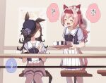 2girls :d ^_^ animal_ears black_hair black_headwear blue_flower blue_rose blurry blurry_background blush bow bowl closed_eyes commentary_request cup depth_of_field ear_bow flower hair_over_one_eye haru_urara_(umamusume) hat hat_flower headband highres holding holding_tray horse_ears horse_girl horse_tail indoors long_hair multiple_girls open_mouth pink_hair pleated_skirt ponytail puffy_short_sleeves puffy_sleeves purple_shirt red_headband rice_shower rose shirt short_sleeves sitting skirt smile standing tail thigh-highs tilted_headwear translation_request tray umamusume very_long_hair white_bow white_legwear white_skirt yukie_(kusaka_shi) 