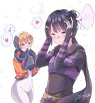  2girls alternate_hairstyle apex_legends bangs belt black_bodysuit black_gloves black_hair black_headwear black_scarf blunt_bangs blush bodysuit breasts brown_belt embarrassed eyebrows_behind_hair gloves grey_eyes hair_bun hands_on_own_head hands_together heart highres hood lichtenberg_figure looking_down looking_to_the_side medium_breasts multiple_girls open_mouth sa10yul scar scar_on_cheek scar_on_face scarf smile spoken_heart wattson_(apex_legends) white_bodysuit wraith_(apex_legends) yuri 