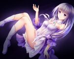  1girl bare_legs blush boots breasts closed_mouth dress emilia_(re:zero) eyebrows_visible_through_hair highres jewelry long_hair looking_at_viewer lying medium_breasts necklace on_back purple_hair re:zero_kara_hajimeru_isekai_seikatsu simple_background smile solo violet_eyes white_dress white_footwear wsman 