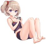  1girl azur_lane bare_legs bare_shoulders black_camisole black_shorts brown_hair camisole cup hair_ornament hair_scrunchie holding holding_cup hori_(hori_no_su) knees_up official_art red_scrunchie scrunchie shorts side_ponytail violet_eyes z23_(azur_lane) 
