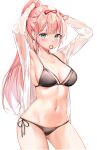  1girl animal_ears armpits arms_behind_head bangs bikini black_bikini blush breasts commentary_request commission eyebrows_visible_through_hair green_eyes hair_ribbon hair_tie_in_mouth highres lillly long_hair looking_at_viewer medium_breasts mouth_hold navel original pink_hair ponytail red_ribbon ribbon shirt side-tie_bikini sidelocks solo standing stomach swimsuit tying_hair wet wet_clothes wet_shirt 