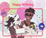 2boys alternate_costume blue_eyes brown_hair cake closed_mouth collar collarbone commentary_request earrings eye_mask food framed grey_collar hands_together happy_birthday heart heart_hands holding holding_tray jacket jewelry long_sleeves male_focus multicolored_hair multiple_boys nintendo piers_(pokemon) pokemon pokemon_(game) pokemon_swsh raihan_(pokemon) shirt splatoon_(series) tray two-tone_hair undercut white_hair zigzagdb