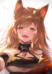  1girl :d animal_ears arknights arm_strap bangs bare_shoulders blush breasts ceobe_(arknights) ceobe_(summer_flowers)_(arknights) chain dog_ears eyebrows_visible_through_hair fang has_otm lock long_hair looking_at_viewer medium_breasts official_alternate_costume open_mouth orange_eyes orange_hair padlock simple_background skin_fang smile solo upper_body white_background 