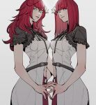  2girls act_(a_moso) bangs belt blunt_bangs closed_mouth devola dress eyebrows_visible_through_hair film_grain fingernails flower frills green_eyes grey_background hair_between_eyes hair_flower hair_ornament highres long_hair multiple_girls nier nier_(series) parted_lips popola redhead siblings simple_background smile twins white_dress white_flower 