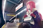  1girl black_legwear blue_eyes blush coat gloves highres kagamihara_nadeshiko long_hair minawa pink_hair red_gloves scarf sitting solo train_station winter_clothes winter_coat yurucamp 