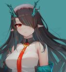  1girl absurdres arknights bangs bare_shoulders black_hair breasts commentary cyanide-whale dusk_(arknights) hair_over_one_eye highres horns large_breasts long_hair looking_at_viewer off_shoulder pointy_ears red_eyes red_neckwear sleeveless solo upper_body 