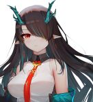  1girl absurdres aqua_hair arknights bare_shoulders black_hair blush breasts closed_mouth commentary cyanide-whale dragon_horns dusk_(arknights) earrings gradient_hair hair_over_one_eye highres horns jewelry long_hair medium_breasts multicolored_hair necktie off_shoulder pointy_ears red_eyes red_neckwear shirt simple_background streaked_hair upper_body very_long_hair white_background white_shirt 
