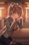  1girl absurdres bangs black_legwear blazer blurry blurry_background bow brown_hair chair classroom curtains desk doki_doki_literature_club from_side green_eyes grey_jacket hair_bow hair_ribbon hand_on_own_cheek hand_on_own_face hands_up highres huge_filesize jacket long_hair long_sleeves looking_at_viewer monika_(doki_doki_literature_club) open_mouth over-kneehighs pleated_skirt ponytail ribbon school_desk school_uniform sitting skirt smile solo thigh-highs tokkyu white_bow white_ribbon 