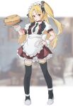  1girl alternate_costume apron azur_lane bangs black_legwear black_neckwear blonde_hair blurry blurry_background breasts bu4321 cleveland_(azur_lane) enmaided food frills hand_on_hip highres holding holding_tray long_hair maid maid_headdress necktie one_side_up pie red_eyes short_sleeves small_breasts solo standing thigh-highs tray white_apron wrist_cuffs 