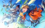  1girl 2boys ^_^ apex_legends black_hair blonde_hair blue_bodysuit blue_gloves bodysuit closed_eyes copyright_name cropped_vest dark_skin dark_skinned_male falling gibraltar_(apex_legends) gloves goggles green_vest hair_bun heart instrument jacket lichtenberg_figure mechanical_legs multiple_boys music musical_note nessie_(respawn) octane_(apex_legends) open_hands open_mouth orange_jacket outstretched_arms playing_instrument ribbed_bodysuit scar scar_on_cheek scar_on_face sentinel_ga_koku_ni_aru shield smile ukulele vest wattson_(apex_legends) white_bodysuit white_gloves 