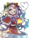  &gt;_o 1girl :d belt blue_bow blue_eyes blue_hair blue_slime blush_stickers bow bowtie brown_belt capelet dress ears_visible_through_hair eyebrows_visible_through_hair flower fur-trimmed_capelet fur-trimmed_dress fur-trimmed_gloves fur_trim gloves glowing hair_flower hair_ornament hairclip heart highres holding holding_star in_container jar key_961 leaf_hair_ornament liquid_hair long_hair looking_at_viewer merc_(merc_storia) merc_storia minigirl monster_girl no_nose one_eye_closed open_mouth pearl_hair_ornament red_bow red_capelet red_dress red_gloves red_stripes santa_costume simple_background slime_girl smile solo star_(symbol) star_hair_ornament striped striped_bow twitter_username upper_body white_background yellow_stripe 