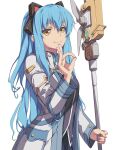  1girl animal_ears blue_hair chiharu_(9654784) closed_mouth eiyuu_densetsu eyebrows_visible_through_hair fake_animal_ears fingernails hair_between_eyes hajimari_no_kiseki highres holding holding_staff light_blue_hair long_hair looking_at_viewer ok_sign simple_background smile solo staff tio_plato white_background yellow_eyes 