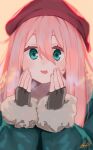  1girl :d blonde_hair blush coat fingerless_gloves fingernails gloves green_coat grey_gloves hair_between_eyes hands_up hat highres kagamihara_nadeshiko long_hair long_sleeves looking_at_viewer nose_blush open_mouth pink_hair red_headwear ryusei_hashida signature smile solo upper_body winter_clothes winter_coat yurucamp 