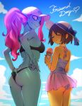  1girl 1other androgynous artist_name ass bangs bare_arms bare_shoulders bikini black_bikini blue_bow blue_skin bow breasts brown_hair closed_eyes colored_skin cowboy_shot day fins food frisk_(undertale) from_behind from_side hat heart highres ice_cream ice_cream_cone long_hair looking_at_viewer looking_back medium_breasts noaharbre outdoors panties pink_hair ponytail redhead short_hair skindentation smile swimsuit undertale underwear undyne white_headwear white_panties 