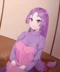  1girl absurdres apron artist_request bangs blush breasts fate/grand_order fate_(series) highres large_breasts long_hair low-tied_long_hair minamoto_no_raikou_(fate) motherly parted_bangs purple_hair smile solo sweater very_long_hair violet_eyes 