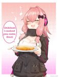  1girl abineko absurdres black_jacket closed_eyes english_text food girls_frontline hair_intakes hair_ornament headphones highres holding holding_food holding_plate jacket k31_(girls_frontline) long_sleeves medium_hair pink_hair plate sidelocks solo speech_bubble tactical_clothes upper_body x_hair_ornament 