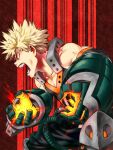  1boy angry bakugou_katsuki black_background blonde_hair boku_no_hero_academia commentary_request gauntlets gloves green_gloves highres knee_pads open_mouth orange_gloves red_background red_eyes sleeveless sparks spiky_hair teeth two-tone_background two-tone_gloves yomoyama_yotabanashi 