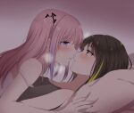  2girls bangs bare_shoulders bed_sheet blue_eyes blush brown_eyes brown_hair closed_mouth commentary_request embarrassed eyebrows_visible_through_hair face-to-face girls_frontline green_hair grey_shirt hair_between_eyes hair_ornament imminent_kiss lips long_hair looking_at_another lying lying_on_person m4a1_(girls_frontline) multicolored_hair multiple_girls on_back one_side_up pink_hair purple_hair shirt sidelocks simple_background sleeveless sleeveless_shirt st_ar-15_(girls_frontline) streaked_hair sui_(camellia) sweat yuri 