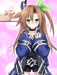  1girl bow brown_hair eyebrows_visible_through_hair green_eyes hair_between_eyes hair_bow hair_ornament highres if_(neptune_series) jacket jewelry kagura_ittou long_hair looking_at_viewer neptune_(series) open_mouth ring short_shorts shorts solo_focus 
