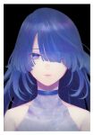  1girl aoe_nagi bare_shoulders black_background blue_choker blue_eyes blue_hair border choker closed_mouth dress hair_over_one_eye highres long_hair looking_at_viewer minenami_ryou official_art one_eye_covered portrait shounen_no_abyss simple_background smile solo upper_body white_border 