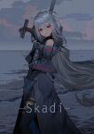  1girl absurdres arknights bare_shoulders duplicate grey_hair highres holding holding_weapon long_hair looking_at_viewer qiufenghaiming red_eyes skadi_(arknights) sky solo sword very_long_hair weapon 