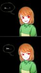  1other black_background blind_bridy chara_(undertale) commentary_request dark_background english_text eyebrows_visible_through_hair eyelashes green_sweater highres light_brown_hair looking_at_viewer pale_skin red_eyes short_hair smile smug solo sweater undertale 