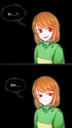  1other black_background blind_bridy chara_(undertale) commentary_request dark_background english_text eyebrows_visible_through_hair eyelashes green_sweater highres light_brown_hair looking_at_viewer pale_skin red_eyes short_hair smile smug solo sweater undertale 