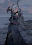  1girl absurdres arknights bare_shoulders duplicate grey_hair highres holding holding_weapon long_hair looking_at_viewer qiufenghaiming red_eyes skadi_(arknights) sky solo sword very_long_hair weapon 