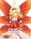  1girl absurdres balle blade blonde_hair blue_eyes closed_mouth dress feet_out_of_frame goddess_of_war_plitvice guardian_tales highres long_hair looking_at_viewer multiple_wings red_dress red_wings smile solo sword weapon wings 