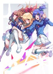  3girls aikatsu! aikatsu!_(series) bangs black_legwear blonde_hair blue_eyes blue_hair blue_jacket blue_scrunchie boots border bow breasts brown_hair chikichi closed_mouth commentary eyebrows_visible_through_hair footwear_bow full_body hair_ornament hair_ribbon hair_scrunchie hands_up happy high_heels highres holding_hands hoshimiya_ichigo jacket jumping kiriya_aoi knee_boots kneehighs knees_together_feet_apart leg_up long_hair long_sleeves miniskirt multiple_girls neck_ribbon one_side_up open_mouth outside_border plaid plaid_scrunchie pleated_skirt red_eyes red_neckwear red_ribbon ribbon school_uniform scrunchie shibuki_ran shirt skirt small_breasts smile soleil sparkle swept_bangs tied_hair violet_eyes white_border white_bow white_footwear white_shirt white_skirt 